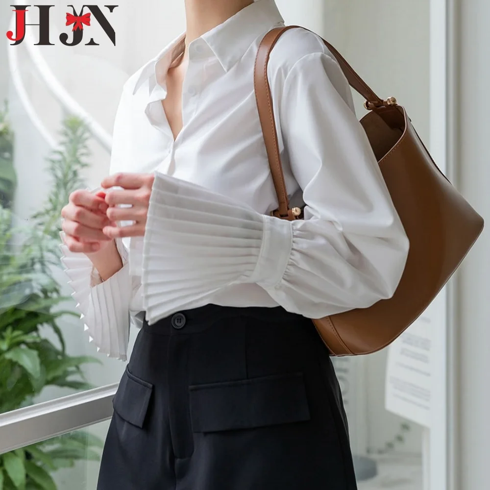 

JHJN French Women Shirt Turn-Down Collar Stylish Blouse V-Neck Flare Sleeves Folds Overshirt Single-Breasted Shirts Elegant Top