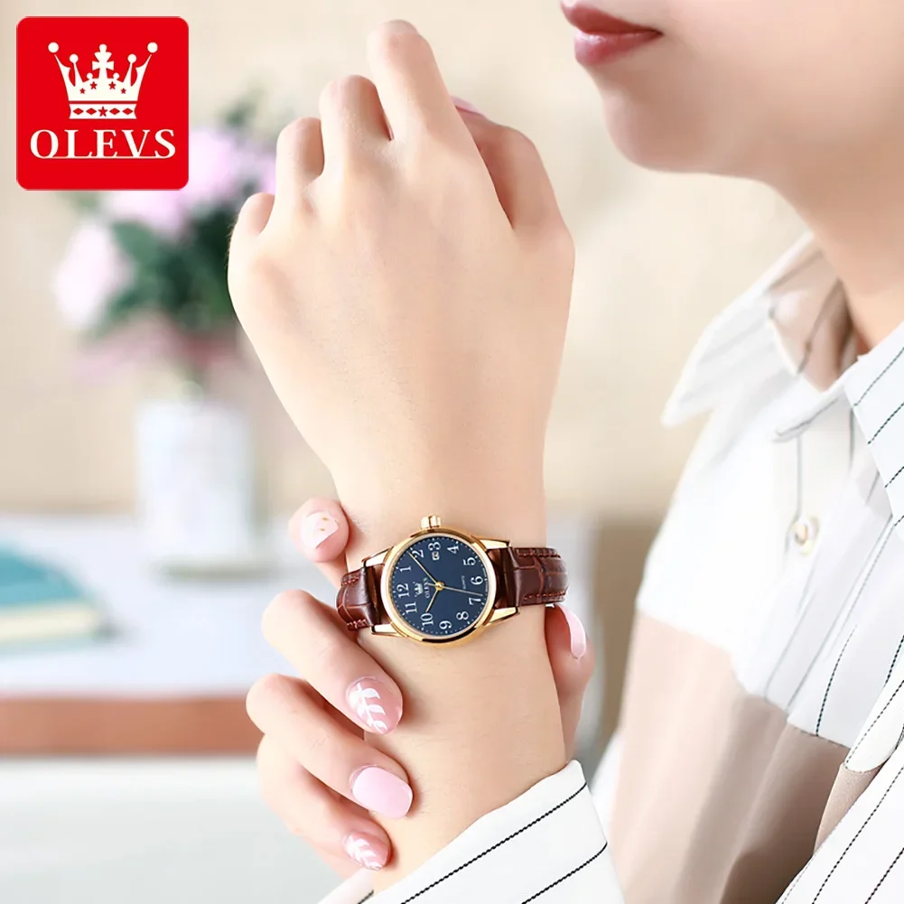 OLEVS 5566 가죽 스트랩 쿼츠 시계 여성용, 큰 숫자 다이얼 디자인, 날짜 표시, 방수, 우아한 손목시계, 정품