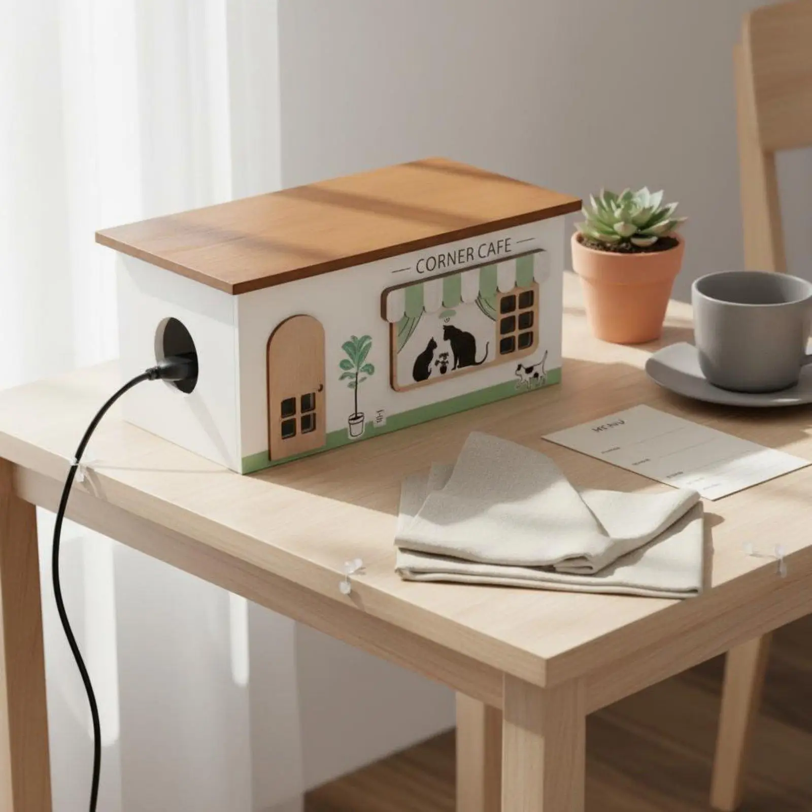 木製コード管理ボックス-整理整頓された装飾的な電源タップ隠しボックス-中空デザイン-ハウス型ケーブルボックス-デスクトップ用