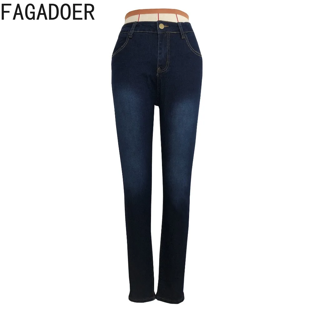 FAGADOER Blue Fashion High Elastic Skinny Jean Pencil Pants Women High Waisted Button Pocket Denim Denim Trousers Female Bottoms