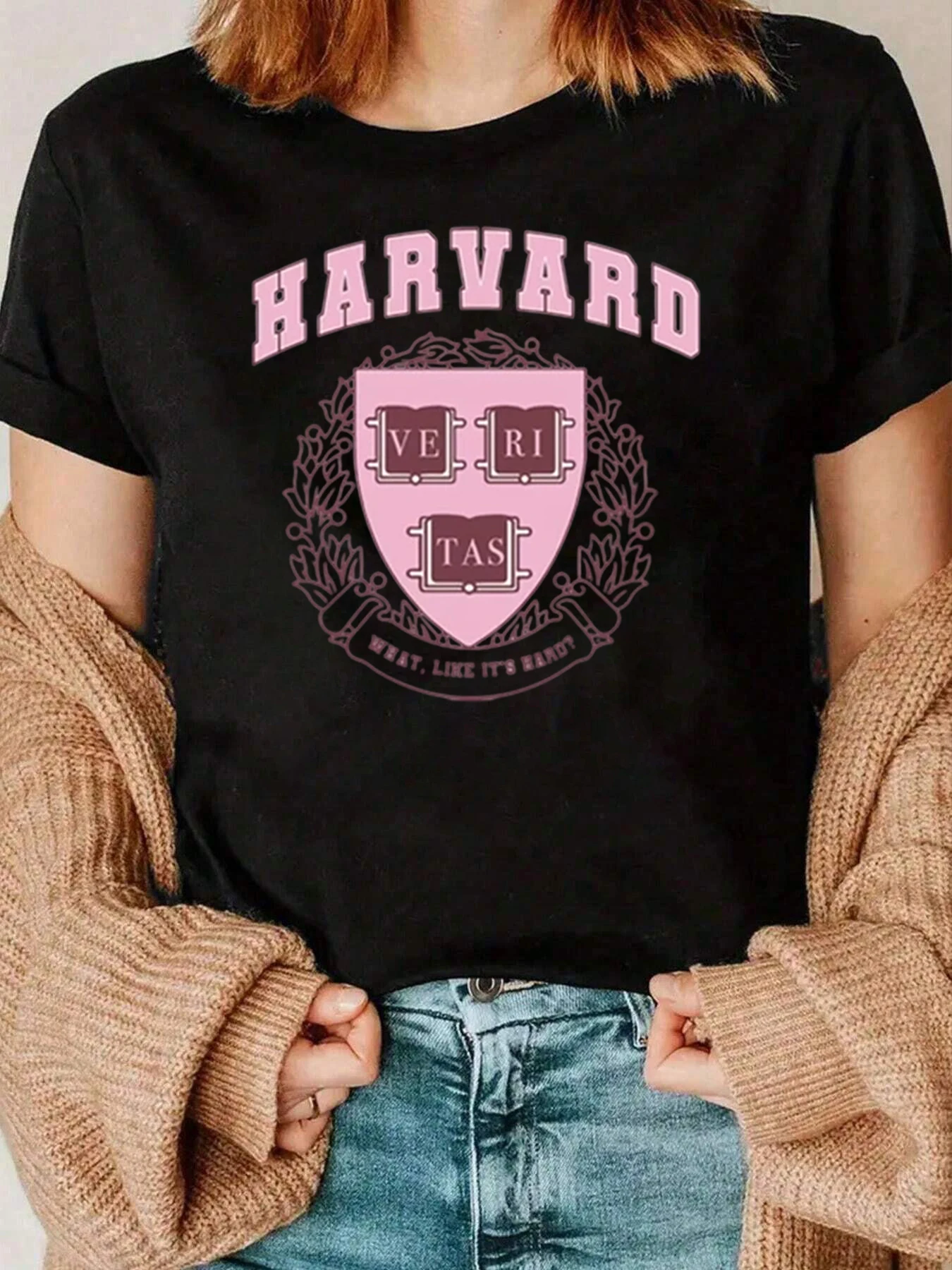 Camiseta con cuello redondo y estampado de escudo de Harvard, ropa informal para mujer, 220g