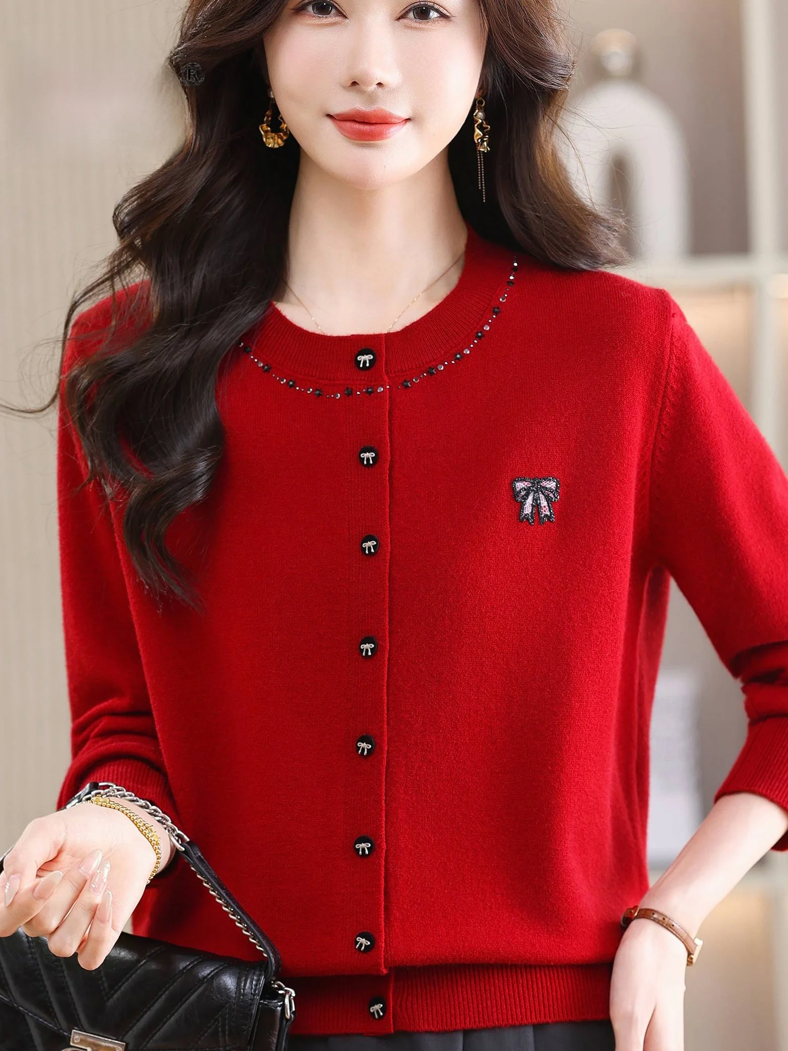 

Spring Autumn Knitted Loose Fit round Neck Open Cardigan Women's Red Slimming Mom Style Fashionable Sweater Jacket Thin