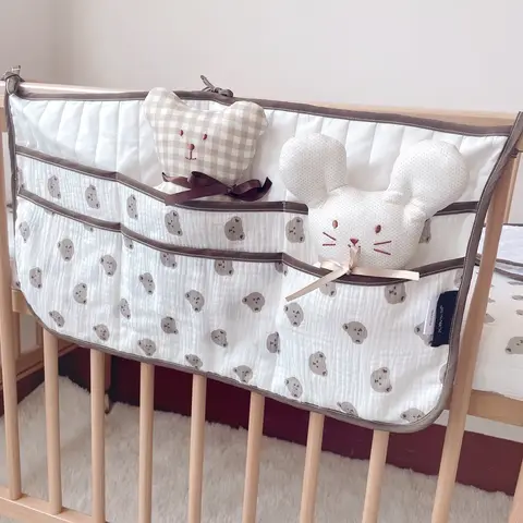 아기 침대 수납 가방, 더블 포켓 침대 머리맡 기저귀 정리함, 부드러운 코튼 만화 인쇄 신생아 침대 걸이 가방