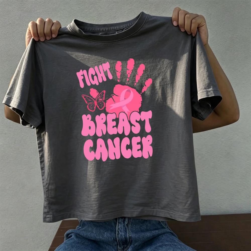 Pink Handprint Butterfly Ribbon Fight Breast Cancer Graphic Print T‑Shirt Women Awareness Support Casual Cotton Short Sleeve Tee