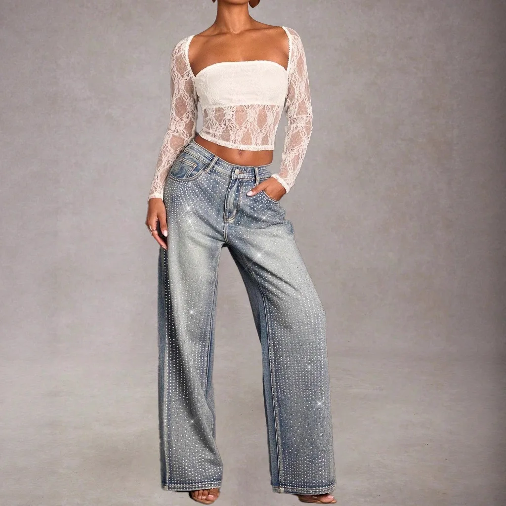 

2026 Popular Women's Straight-leg Denim Trousers, Elegant, Fashionable and Casual Mid-waist Stretch Rhinestone Jeans