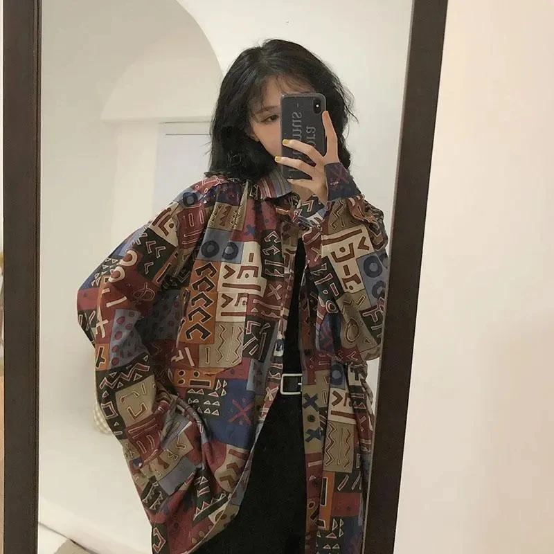 GIDYQ Y2k Vintage Printing Women Shirt Harajuku Streetwear Oversized Casual Lapel Shirt Korean Chic Long Sleeve Blouses Tops