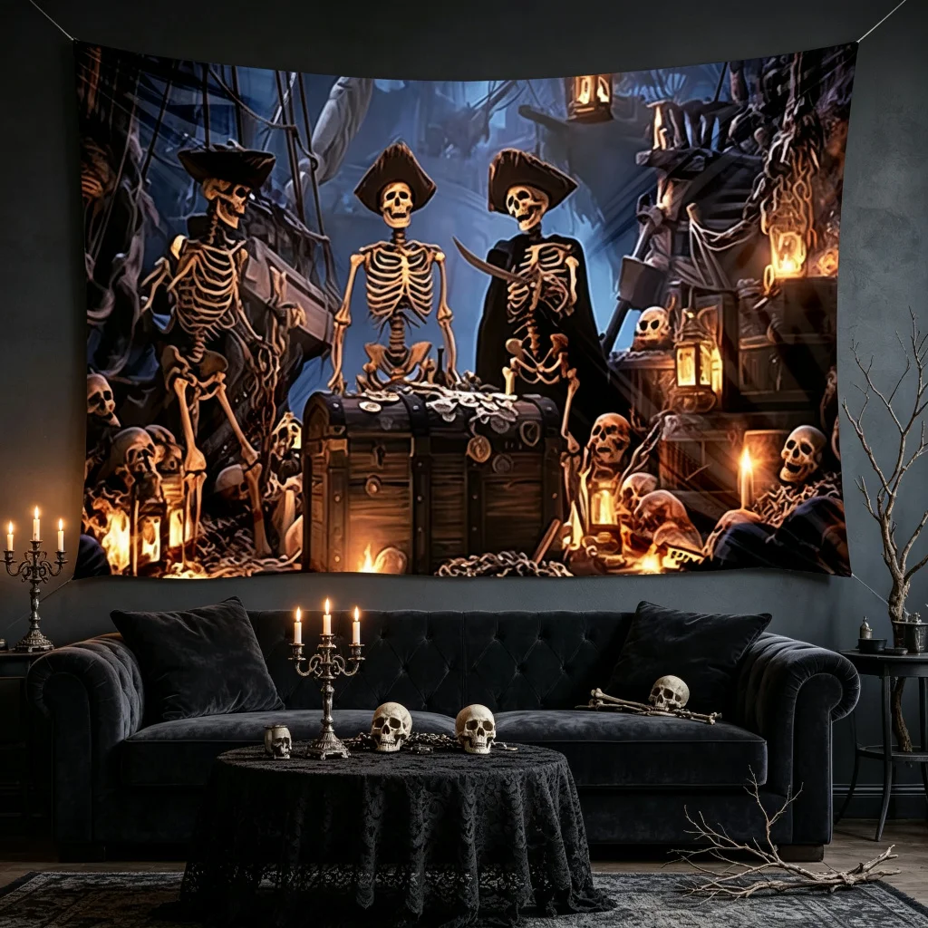 1PC Skull Pirate Treasure Halloween Print Backdrop Banner, Bedroom Photo Background, Polyester, Halloween Party Decoration