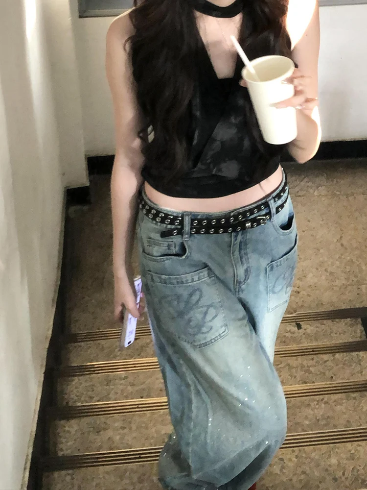 Celana Jeans Wanita American Heavy Du Star Rhinestone Musim Panas Longgar CleanFit Serbaguna Model Kaki Lebar Panjang Menyentuh Lantai Trendi