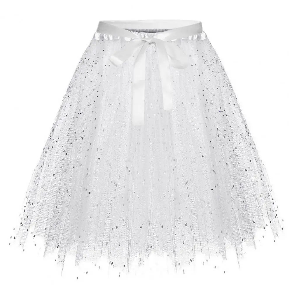 Elegant Dance Sequin Gauze Skirt Sparkling Sequin Mesh Skirt Bow Elastic Waistband Multi-layered A-line Stage Skirt