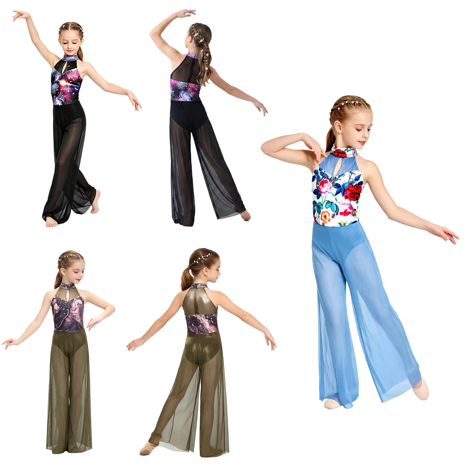 Kids Girls Modern Lyrical Dance Jumpsuit Sparkly Rhinestones Halter Sleeveless Leotards Ballet Figure Skating Gymnastics Costume - view 5