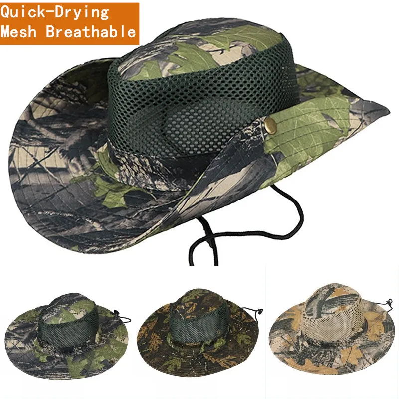 Outdoor Summer Enlarge Wide Brim Breathable Mesh Bucket Hat Tactical Military Camouflage Print Cap Hiking Fisherman Beach Sunhat