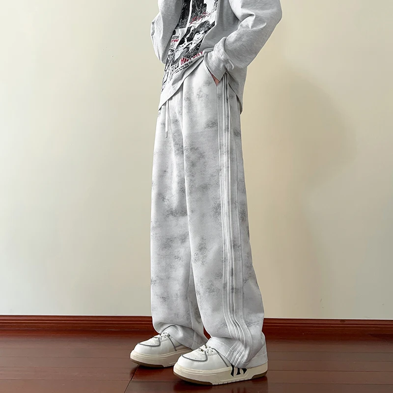 2026 New Spring Men's Casual Pants Sweatpants Wide Leg Straight Loose Pants Korean Fashion Patchwork Knit Long Track Trousers