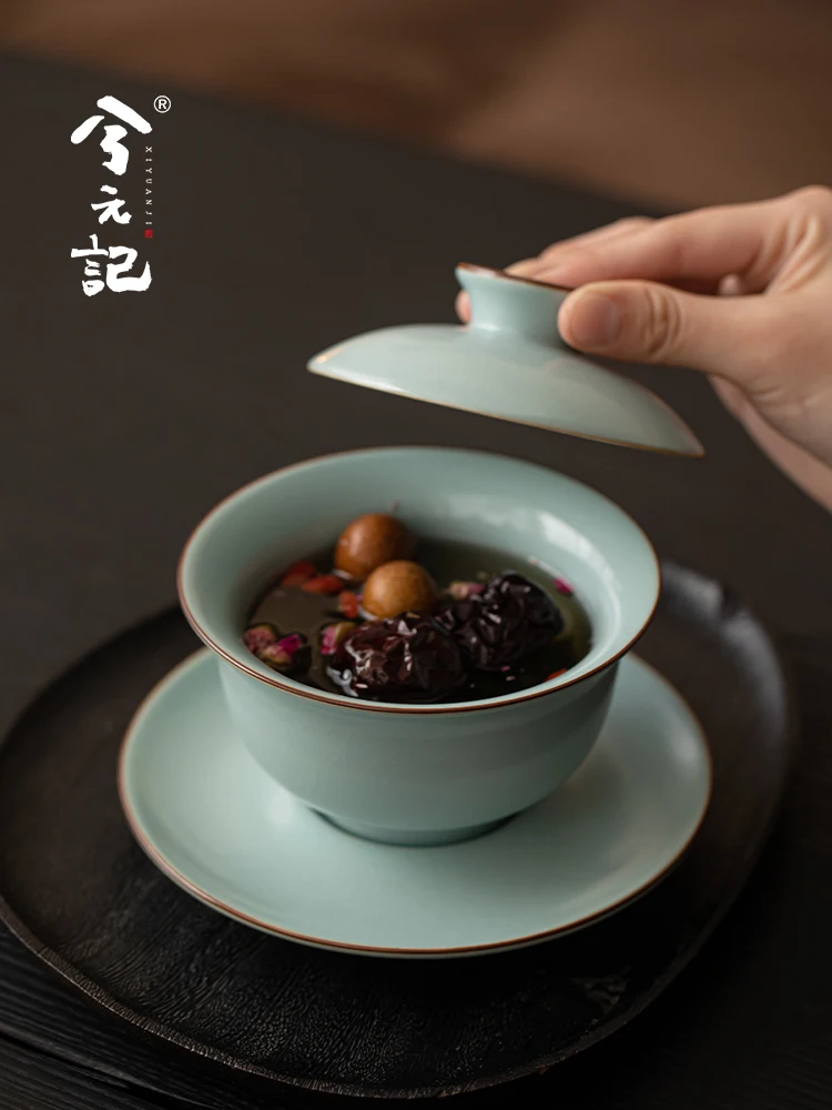 Azure Ru Ware Sancai Gaiwan Tea Cup Single Large Size Eight Treasures Bowl with Cover Non-Scald Covered-Bowl