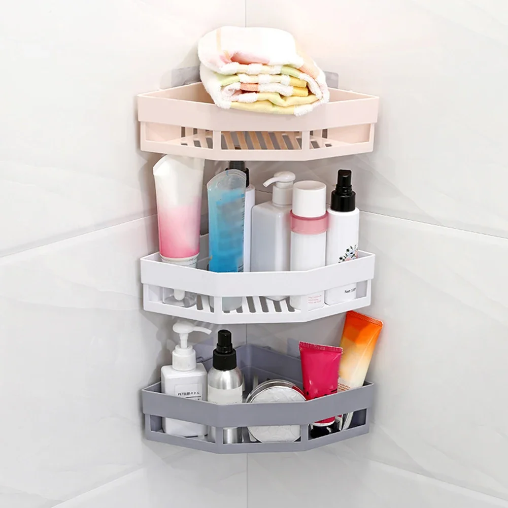 1pc Bathroom Shelf Bathroom Corner Triangle Basket Shower Room Storage Rack Wall Mounted Punching