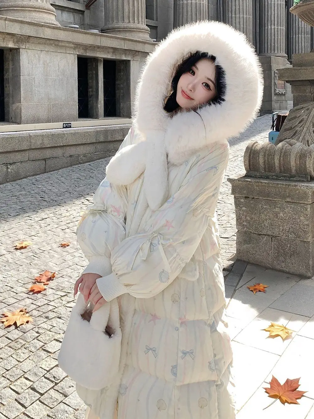 2026 Winter Sweet Lolita Style Long Cotton Clothes Women Imitation Fur Collar Printed Cute Warm Hooded Coat Daily Commuting Wear