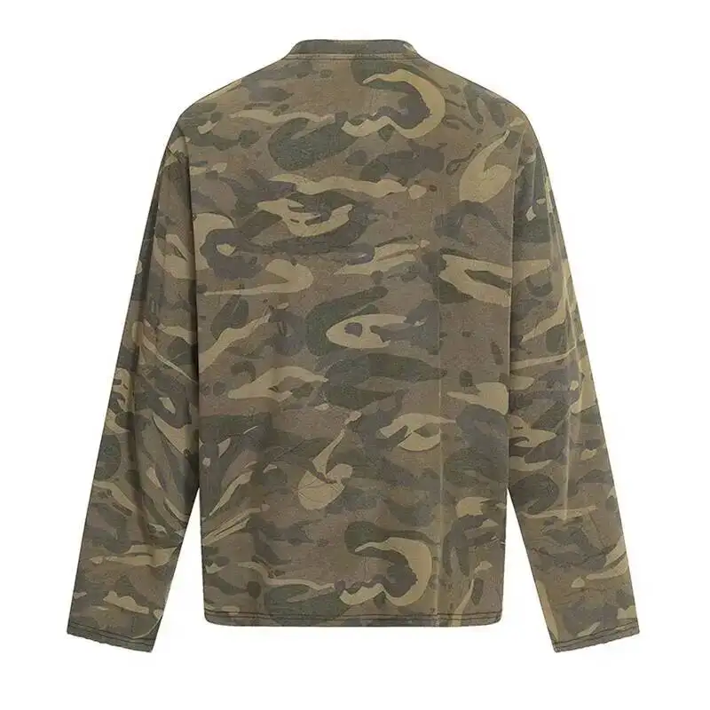 American Style Distressed Camouflage Printting Men's T-shirt Loose Casual Round Collar Long Sleeve Pullover Top New CPG3AUK