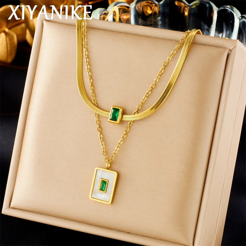 

XIYANIKE 316L Stainless Steel Simple style Gold Color Double Layer Snake Chain Square Green Crystal Pendant Necklace For Women