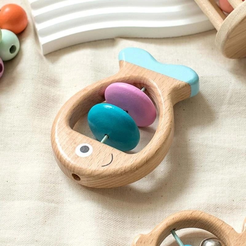 Baby Musical Bells Bright Color Design Wooden Rattle Cartoon Children Toy 15UB