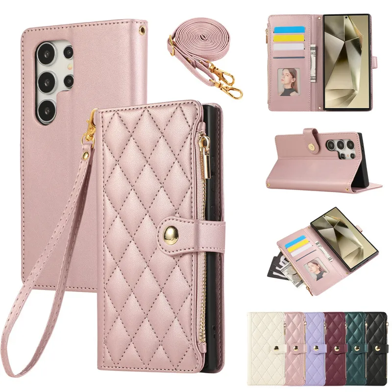 Galaxy Note 20 Ultra 10 Plus Cover Luxury Crossbody Flip Case dla Samsung S24 FE S23 Plus S22 S21 S20 Zipper Stand Wallet Cases