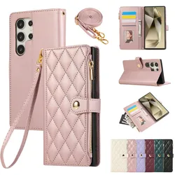 Galaxy Note 20 Ultra 10 Plus Cover Luxury Crossbody Flip Case for Samsung S24 FE S23 Plus S22 S21 S20 Zipper Stand Wallet Cases