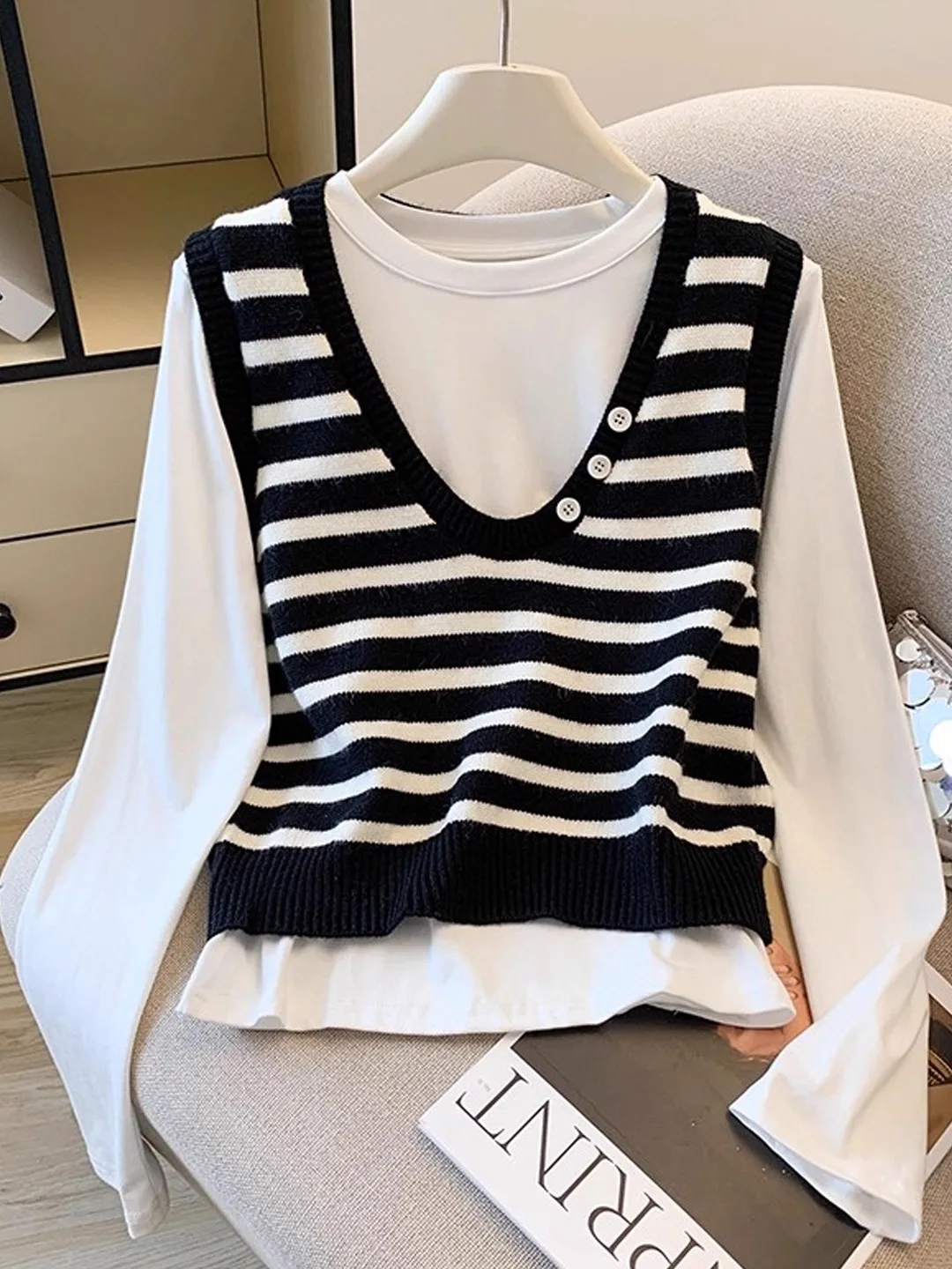

Early Autumn Color Blo Stripe Vest Long Sve Knitted Sweater Women's Autumn Winter Vintage Slimming Fake Two-Piece T-ir...