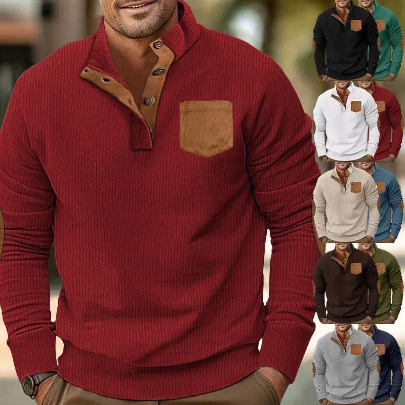 

Spring and Autumn New Mens Patch Pocket Jacket Stand-up Collar Long-sleeved Corduroy Color Matching Sweater for Men