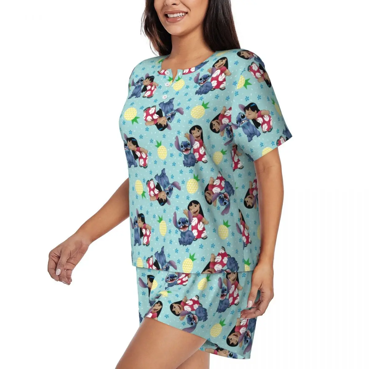 Custom Women's Lilo Stitch Pineapple Pattern Pajamas Set Printed Short Sleeve Sleepwear Loungewear Pjs 2 Piece Sets image 2
