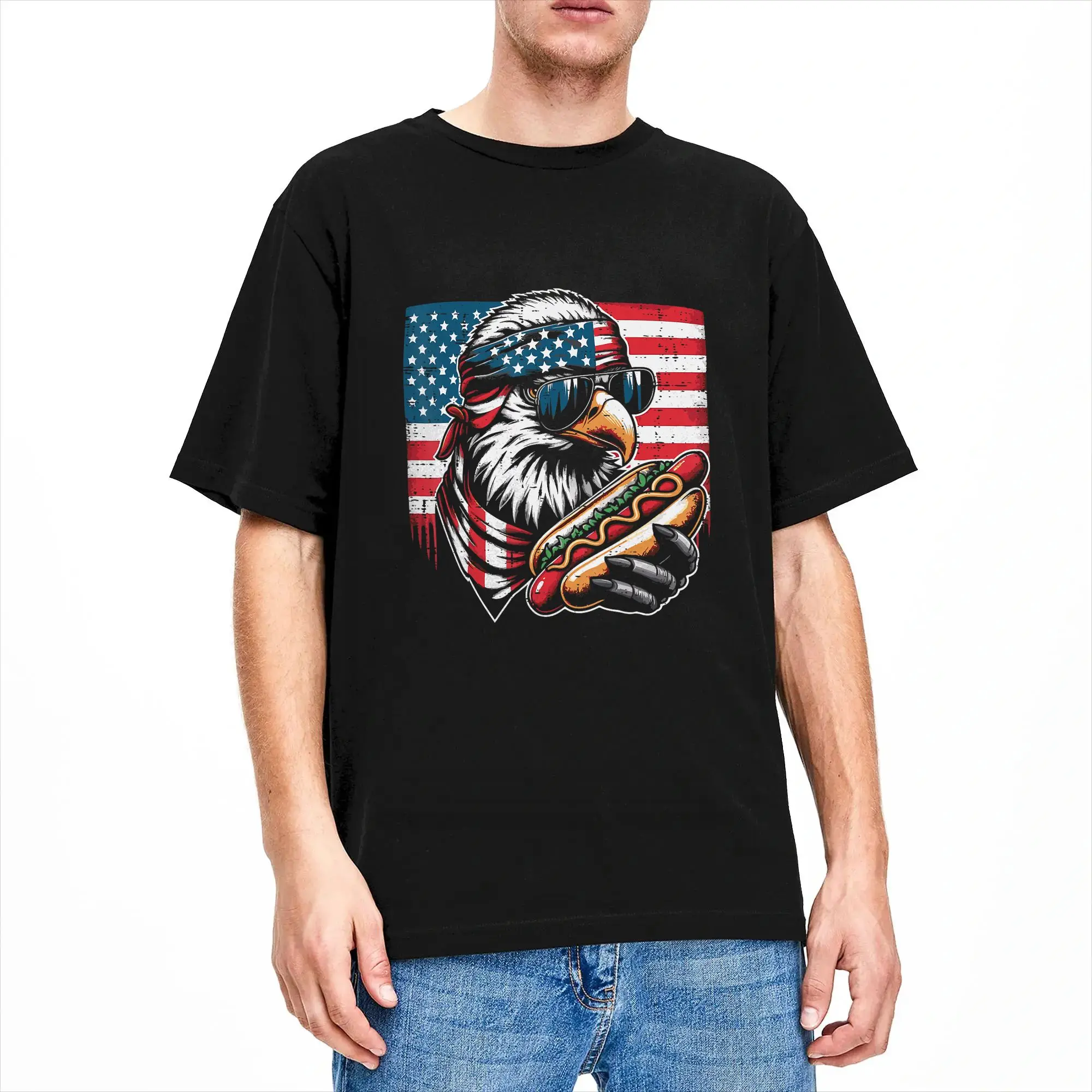Bald Eagle US Flag Hotdog Freedom Patriotic Cotton T Shirt For Men Summer  Aesthetic T-Shirts Hip Hop Tees Big Size Pattern Tops