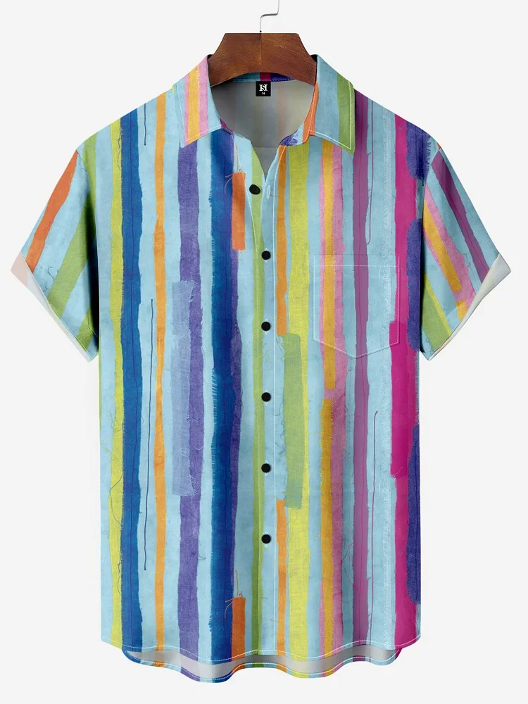 

Men's Shirt Short Sleeve Colorful Stripe Print Button Summer Beach Shirt Camping Shirt Short Sleeve Men's Formal Oversized Shirt