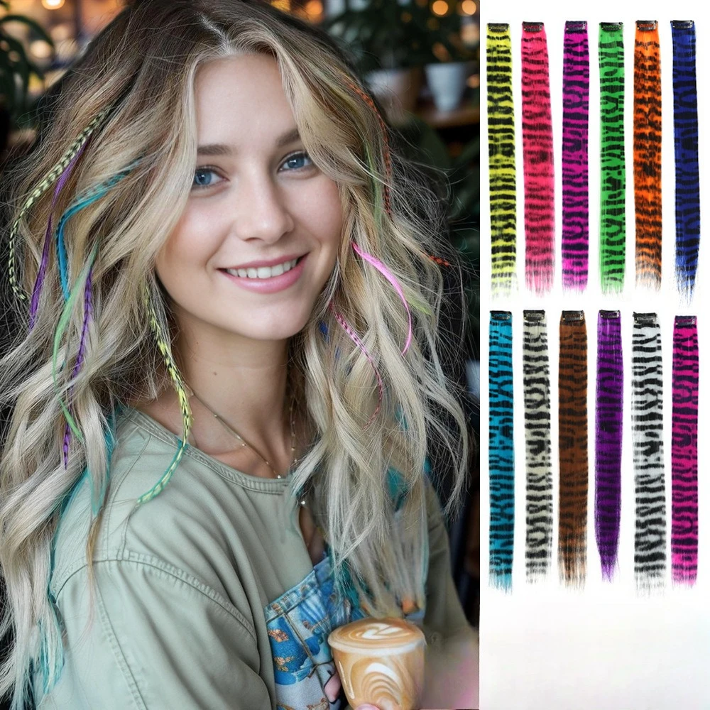 Colorful Striped Printed Clip in Hair Extensions Y2K Cool Girls Straight Hair Clip Highlights 18 Inches Wig Styling Accessories