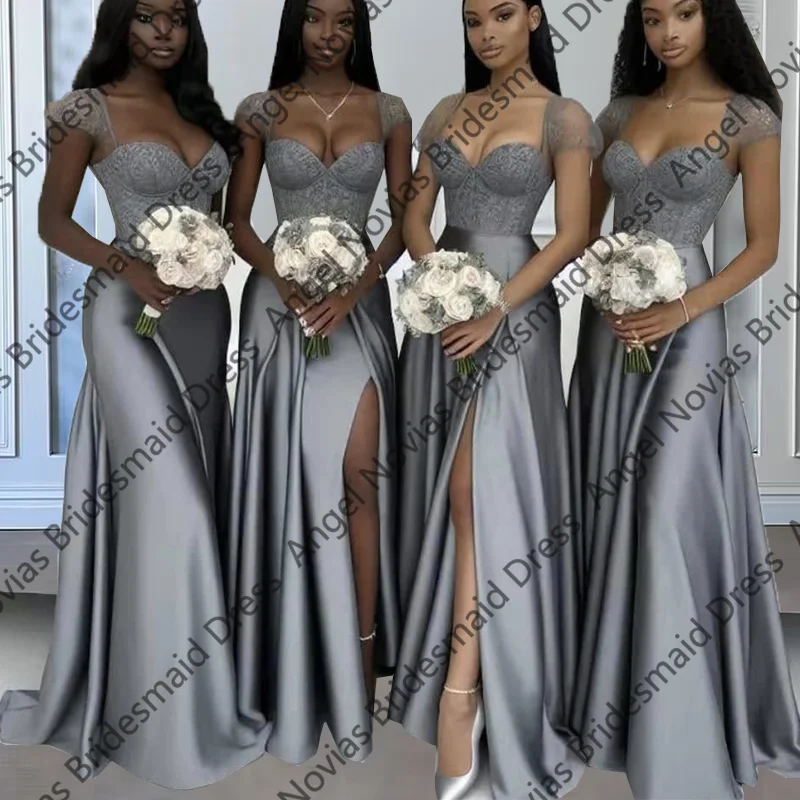 

Long Silver A Line Bridesmaid Dresses Cap Shoulder African Girls Wedding Party Maid Of Honor Dress Customized