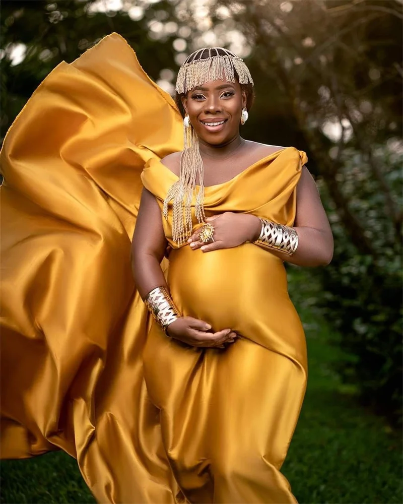 Luxury Gold Satin Woman Wedding Sleepwear Maternity Prom Dress Pregnancy Bridal Robes Evening Gown Autumn Fall Customized