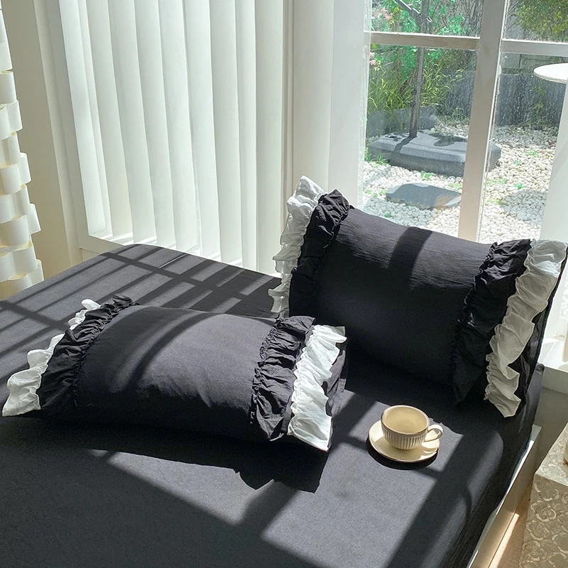 2Pc Korean Princess Style Pillowcases Double Layer Ruffles Girls Home Bedroom Decorative Soft Washed Cotton Pillow Cover 48x74cm