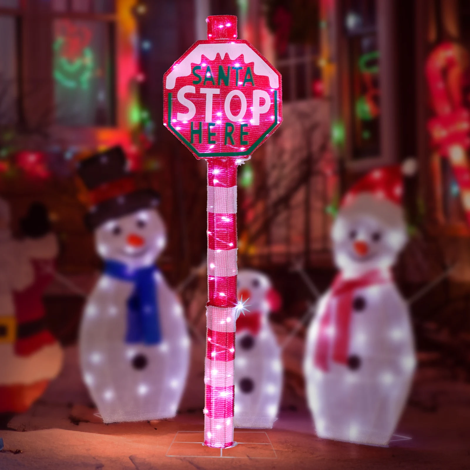 Lighted STOP Sign Christmas Yard Decorations, Pre-lit Road Sign SANTA STOP HERE with 70 LED White Lights and Stakes