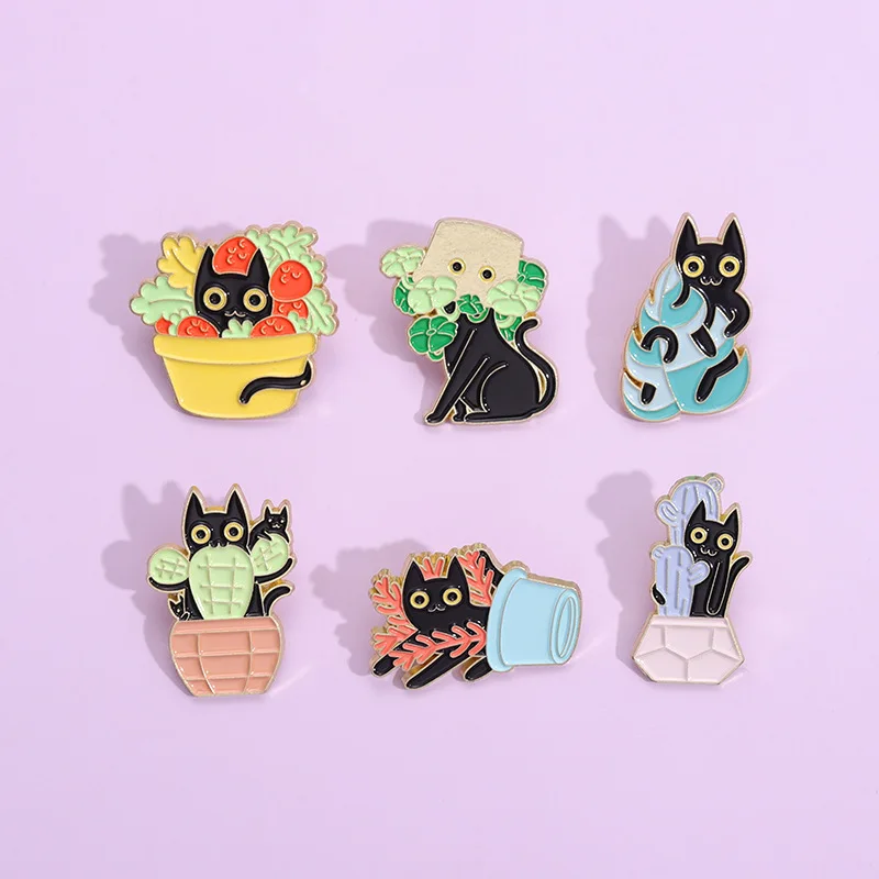 Cute Black Cat Enamel Brooch Cactus Plant Potted Flower Grass Coal Cat Cartoon Metal Badge Punk Lapel Pins Jewelry Accessories