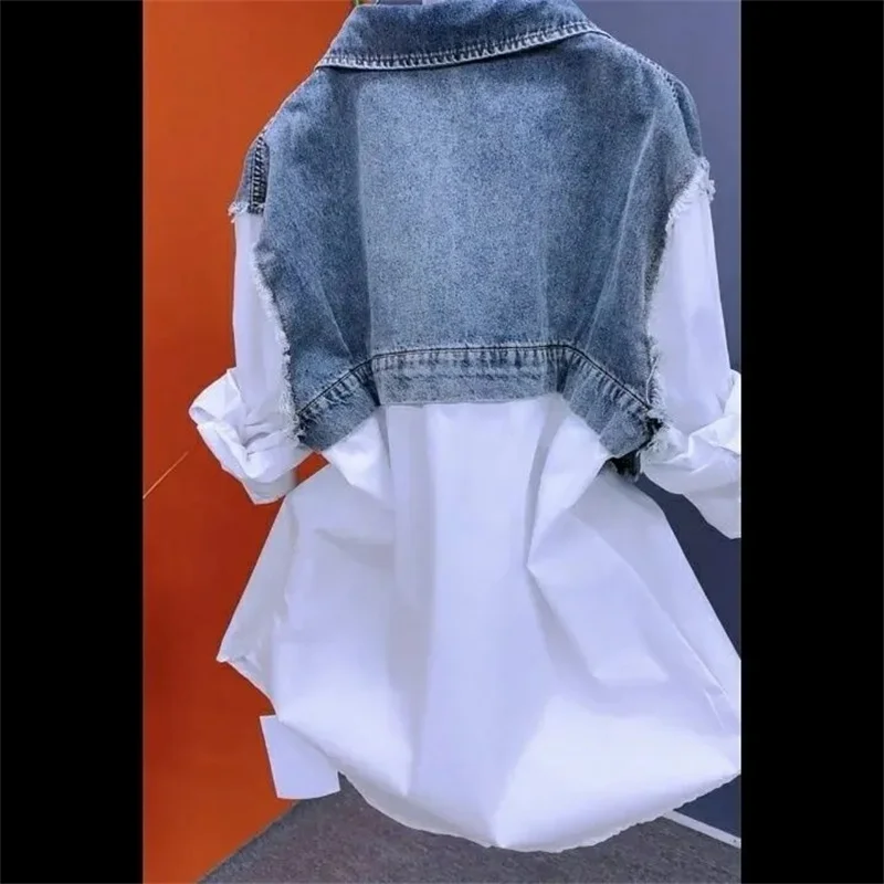 Fake Two Denim Shirts Women\'s Early Spring 2025 Korean Version Of Casual Western Style Joker Stitching Letter Striped Top