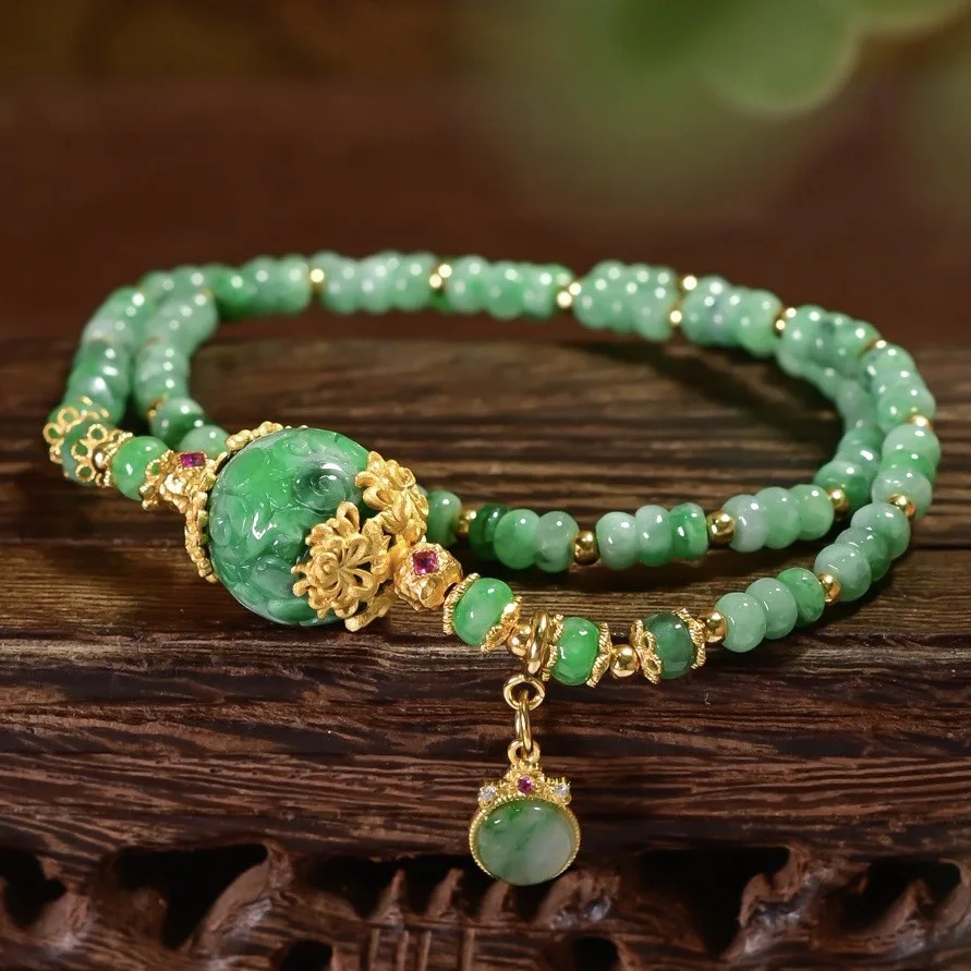 Natural Grade A Jadeite Carved Ball Double Loop Bracelet Gold Plated S925 Silver Chinese Women Wrist Jewelry