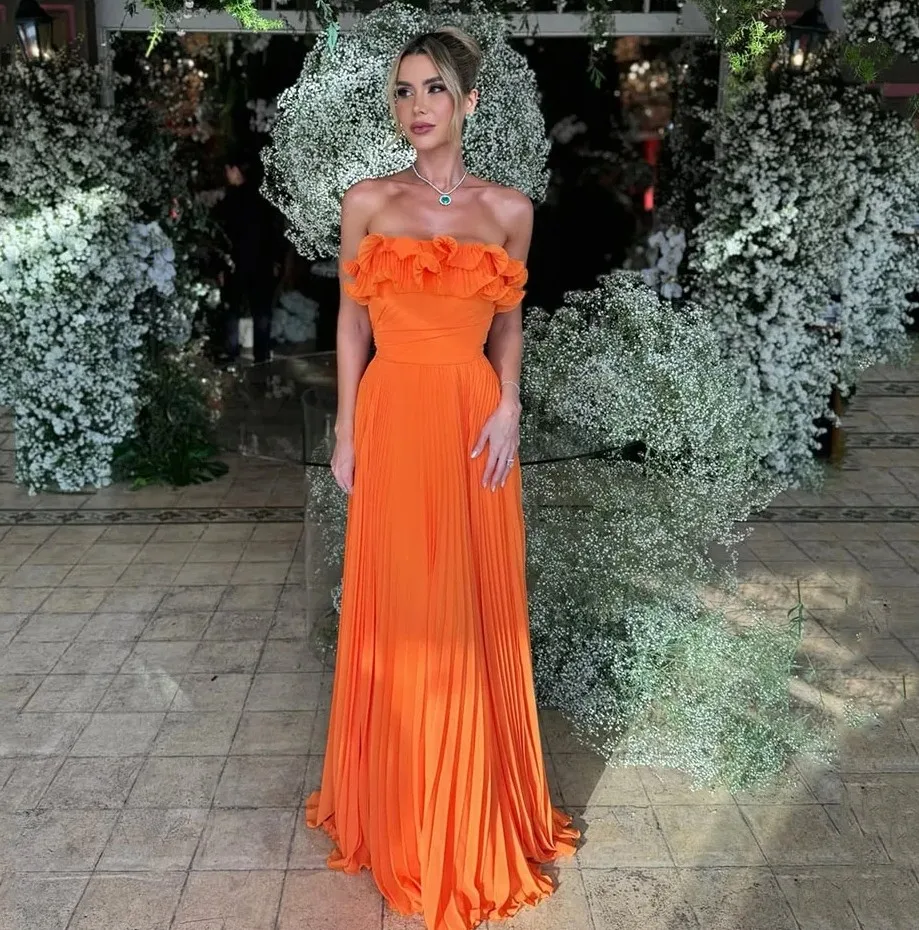 

Новое современное оранжевое вечернее вечернее платье без бретелек со складками и оборками, шифоновое платье для выпускного вечера, рождественское платье De Soiree
