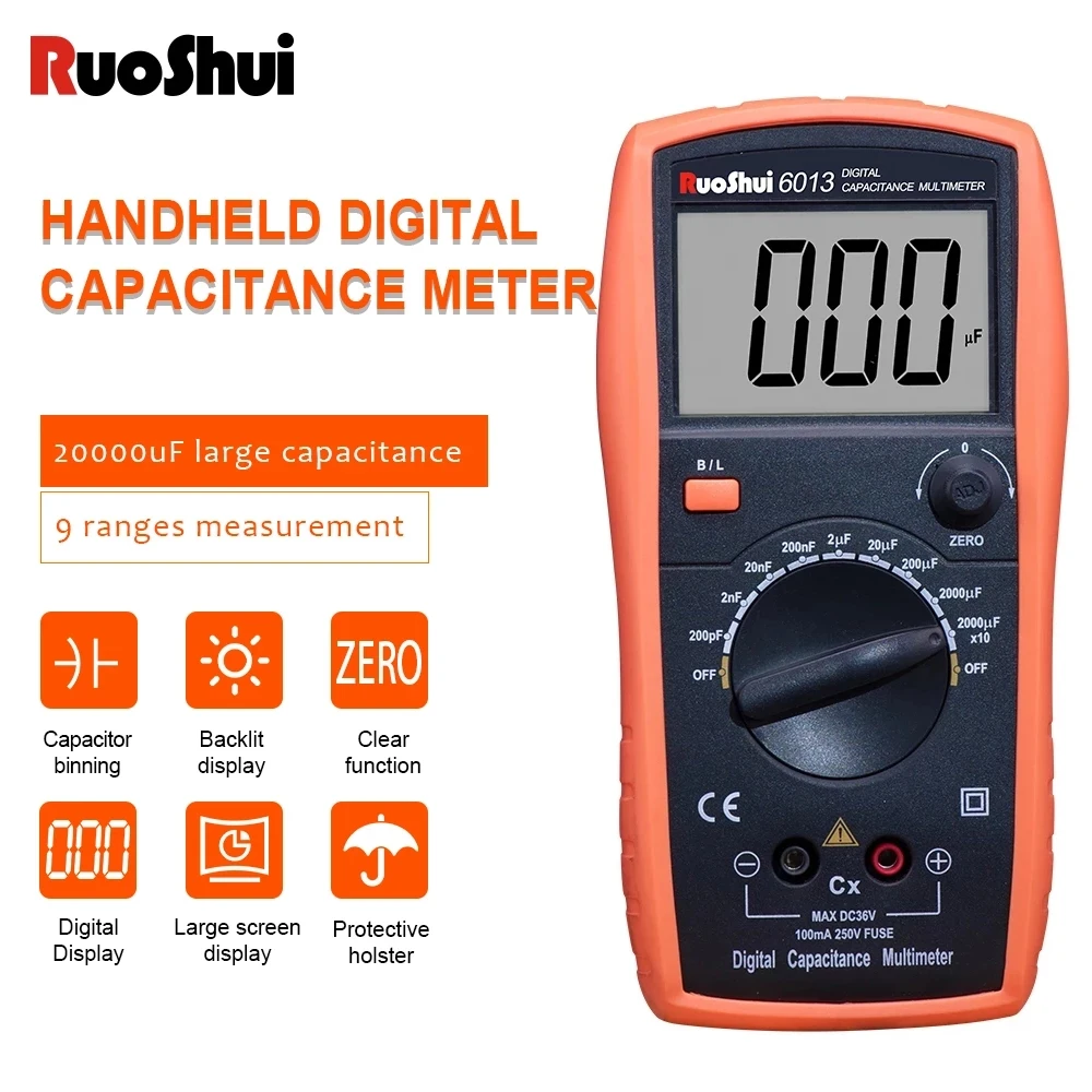 RuoShui6013 Digital Capacitance Meter High Precision Handheld Capacitor Tester Auto Tool 200pF-20000uF Inductance LCR Multimeter