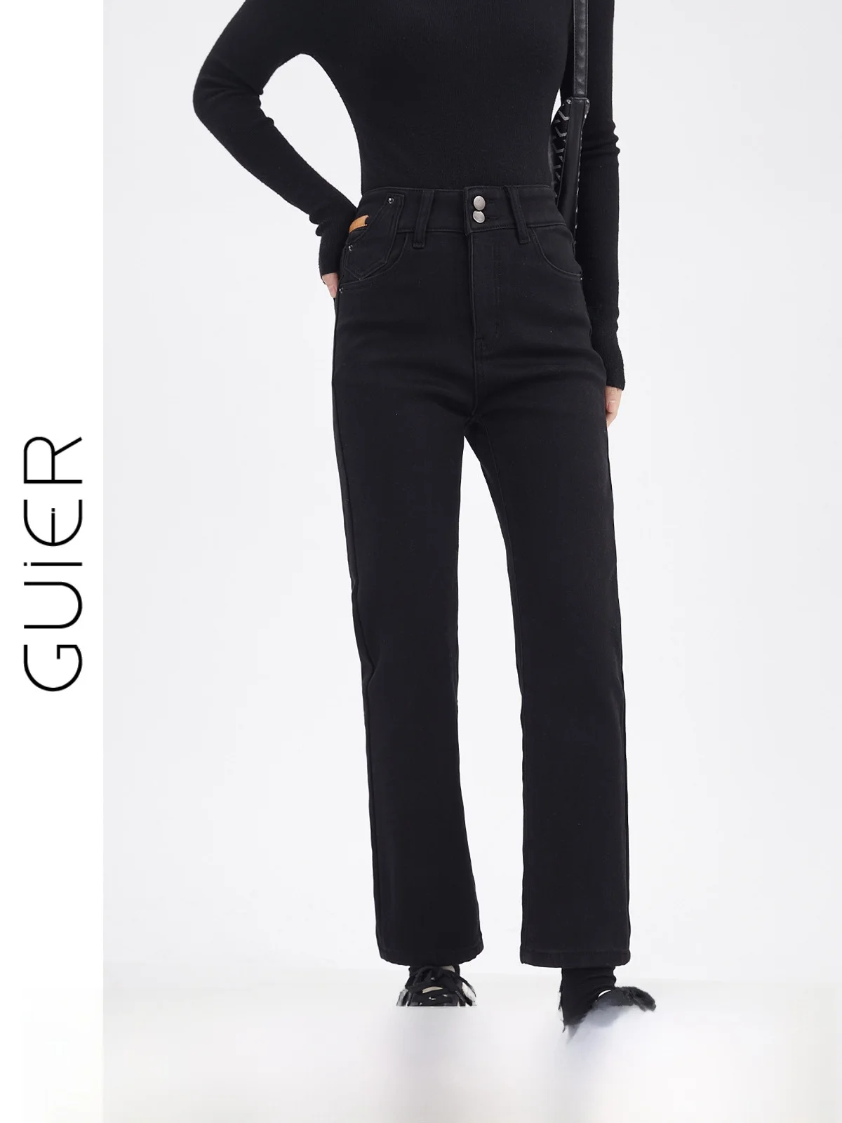 

Женские джинсы Guier на подкладке с высокой талией, прямые брюки, девять наметов, весна 2023, новинка Sle, двойной синий, для похудения, Bla