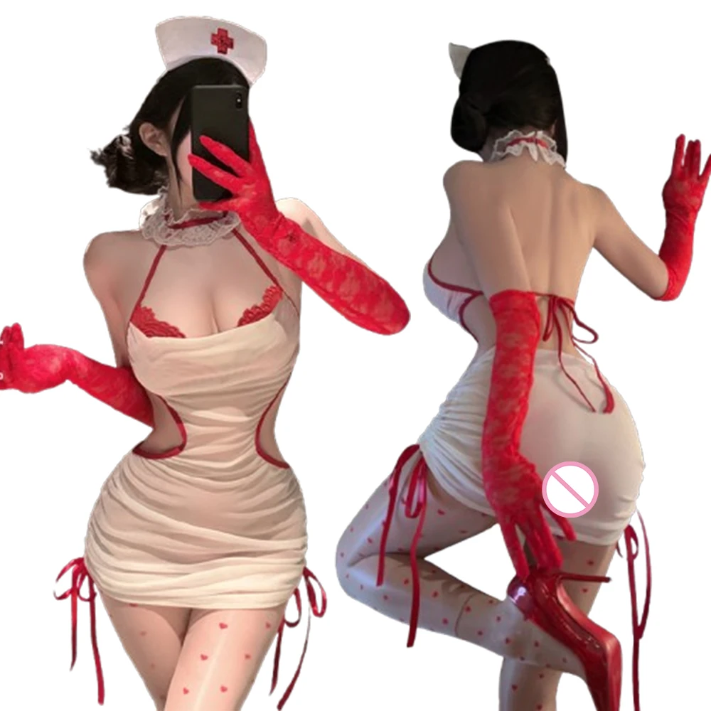

Seductive Women Sexy Sheer Lace Nurse Lingerie Set Halter Backless Bodycon Mini Skirt Pure Desire Role Play Uniform Halloween