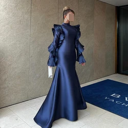 Exquisite A-Line Blue Floor Length High Collar Satin Long Sleeves Evening Dress Elegant Pleats Saudi Arabia  Prom Grows Women