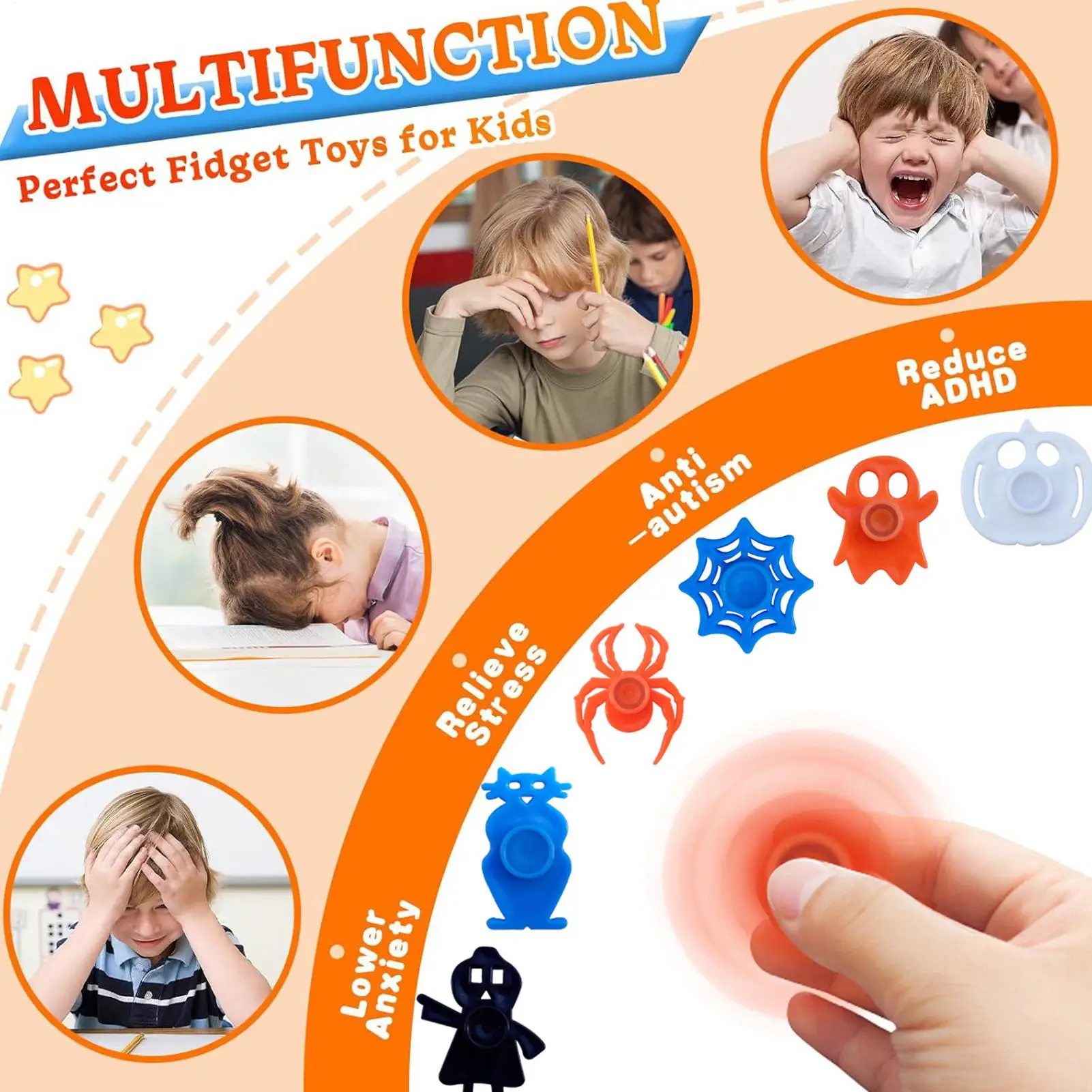 Random 1pc Halloween Gyro Sensory Toys Ghost Pumpkin Spider Gyroscope Sensory Hand Spinner Toys Party Favors Goodie Bag Stuffers