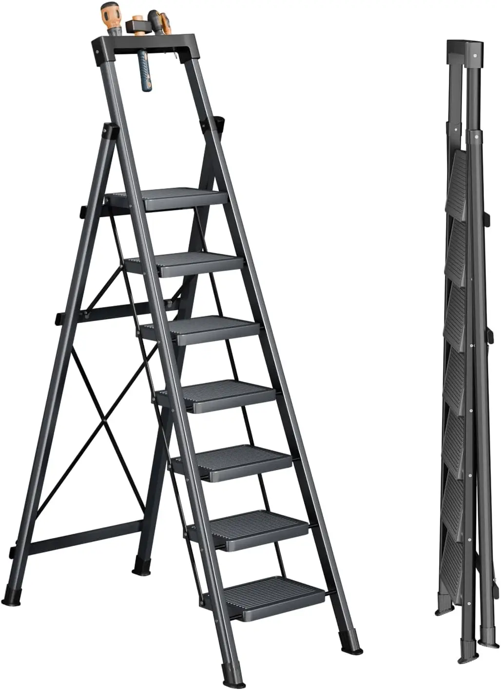 

7 Step Stool with Tray Suport 330 lbs Capacity Foldable Step Ladder with Convenient Handgrip,Widen Anti-Slip Pedal