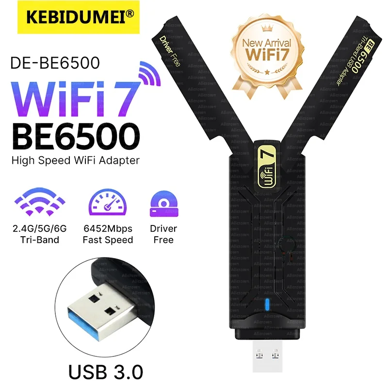 WiFi7USBEthernetAdapterBE65002.4G/5G/6GHzTri-bandUSB3.0WirelessNetworkCard6500Mbps802.11BEFree-DriverForWin10/11