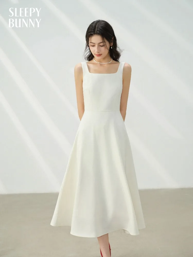 

Elegant White Maxi Dress Square Neck Sleeveless Long Dress Summer Slim Fit Waist Dress for Petite Women Hepburn Style Fashion