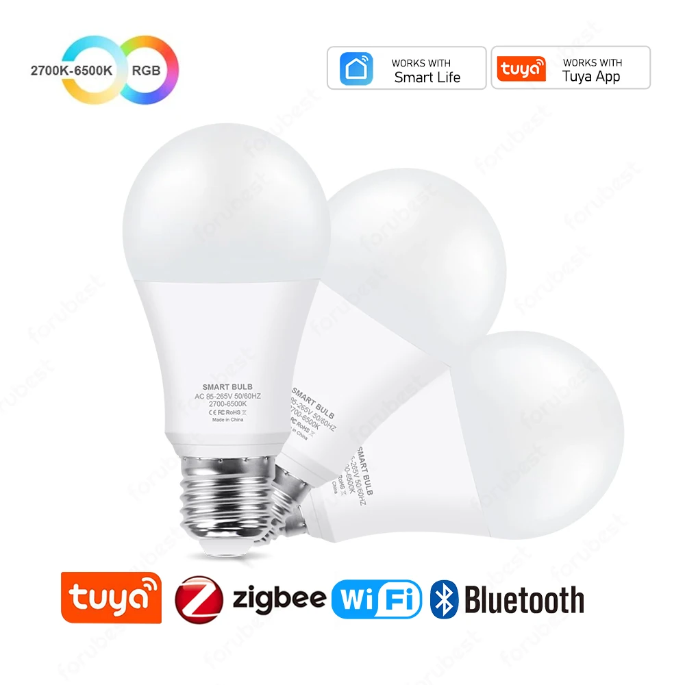 Tuya E27 Led Bulb WIFI Zigbee Bluetooth, Dimmable Light LED lamp RGB+2700-6500K,Smart Life APP,Voice With Alexa Google Assistant