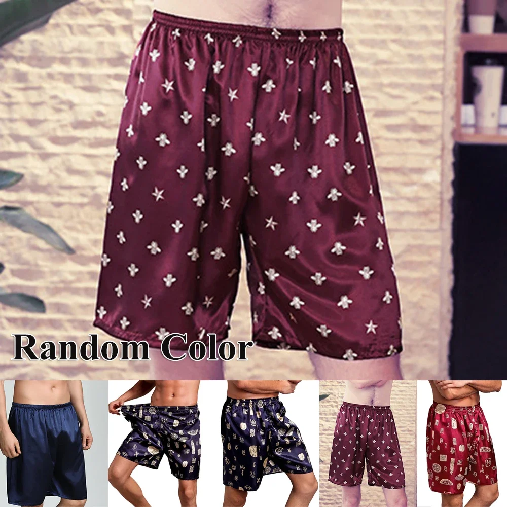 One Size 1pc Random Color Printed Mens Thin Silky Satin Shorts Middle Waist Sleep Bottoms Casual Home Wear Shorts