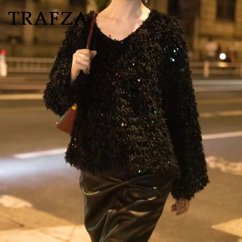 TRAFZA Chic TASSEL Sequin Women V Neck Party Sweater Fashion 2025 Spring Long Sleeve Glitter Oversized Knitwear Feather Top