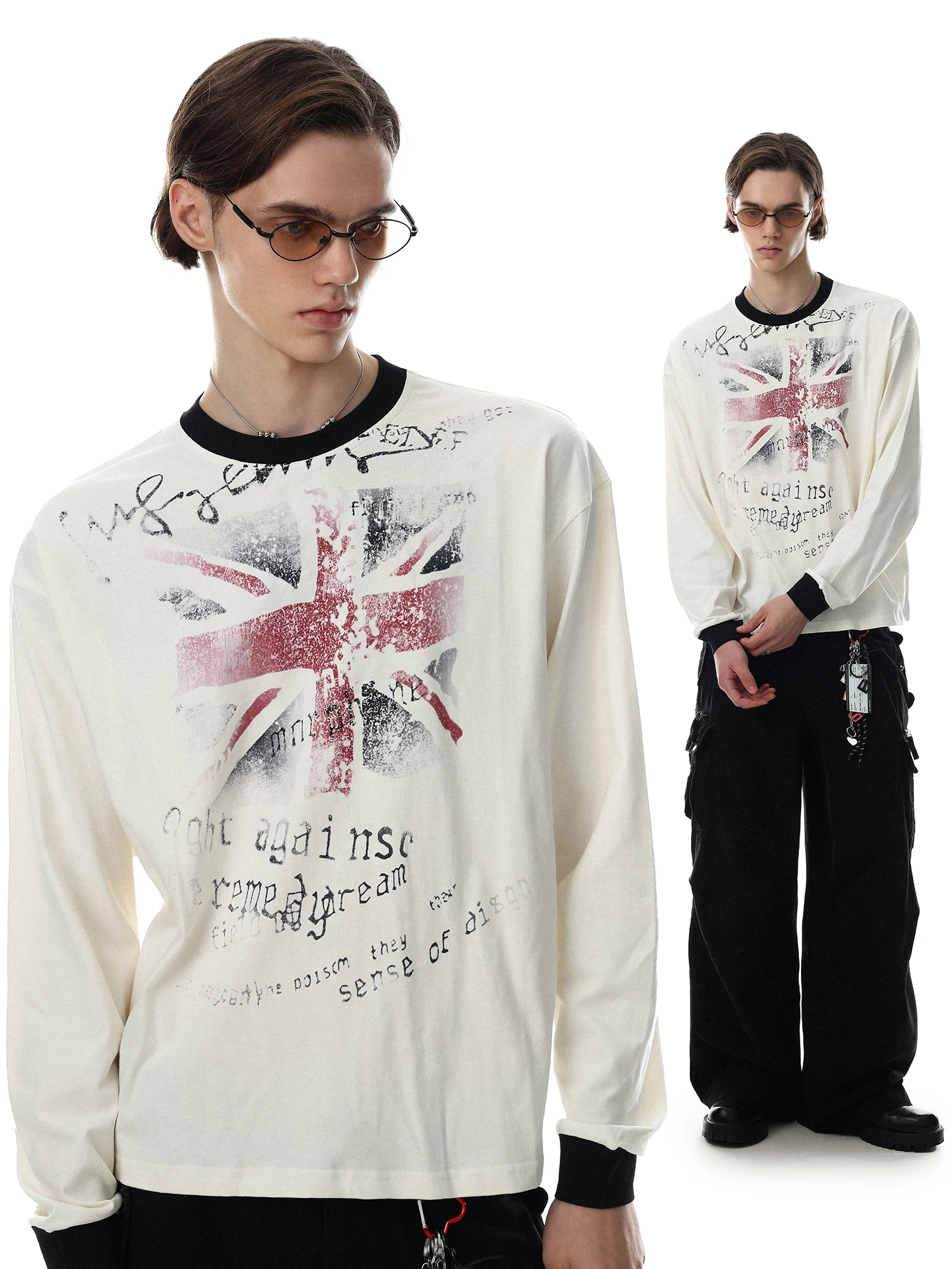 Retro American High Street Style Long Sleeve T-Shirt Men's Loose Fit Printed Cotton Top Trendy Color Block Casual Tee